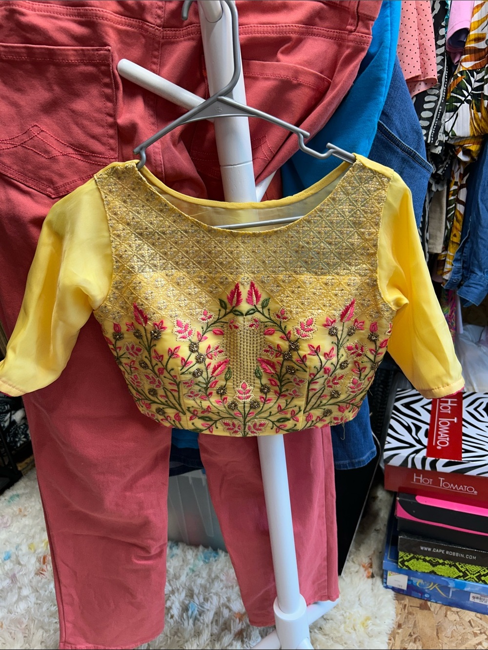 Aarya Yellow Embroidered Crop Blouse with Pink & Green Floral Detail Size L